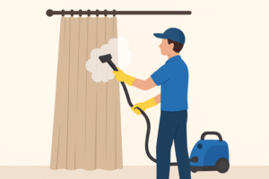 عامل تنظيف يستخدم جهاز بخار لتنظيف الستائر وهي معلقة دون فكّها، حيث يتصاعد البخار لتنقية القماش وإزالة الأوساخ بلطف.