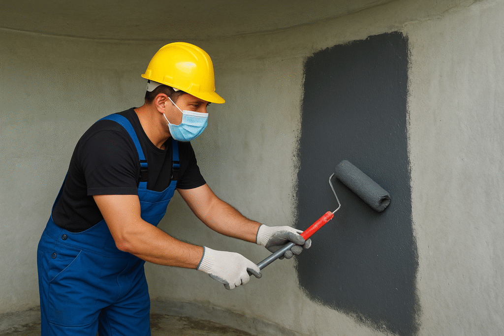 شركة عزل خزانات بخميس مشيط توضح فنيًا يطبق طبقة عزل مائي داخل خزان باستخدام بكرة دهان لضمان حماية الخزان من التسربات والتآكل.