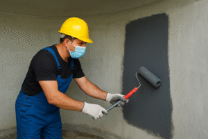 شركة عزل خزانات بخميس مشيط توضح فنيًا يطبق طبقة عزل مائي داخل خزان باستخدام بكرة دهان لضمان حماية الخزان من التسربات والتآكل.