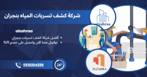 "إعلان لشركة الزهراء لكشف تسربات بنجران، يظهر فيه فنيون يرتدون ملابس ويكشفون التسريب داخل المنازل. يتضمن الإعلان شعار شركة ELZAHRA، ورقم الاتصال 0510204256، مع عرض خصم 15٪ وخدمة متوفرة على مدار الساعة."