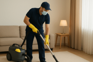 نص بديل: عامل نظافة يستخدم معدات حديثة لتنظيف منزل في بدر الجنوب، يظهر بالمشهد استخدام أجهزة متطورة لضمان نظافة مثالية وجودة عالية في الخدمة.