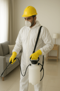 شركة مكافحة حشرات بخميس مشيط تقدم خدمات رش وتعقيم احترافية باستخدام مواد آمنة ومعتمدة، ويظهر في الصورة عامل سعودي يرتدي زي وقائي أبيض وقفازات صفراء وخوذة أمان صفراء، يستخدم بخاخ مبيدات داخل منزل حديث الإضاءة، يعمل بعناية واحتراف وسط بيئة نظيفة وآمنة.