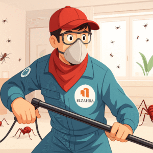 عامل مكافحة حشرات من شركة الزهراء يرتدي زيًّا واقيًا داخل غرفة مليئة بالحشرات، يستخدم معدات رش حديثة للقضاء على الحشرات بفعالية وأمان.