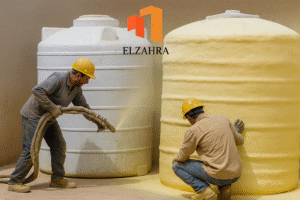 شركة عزل خزانات بحي النهضة أثناء تنفيذ أعمال عزل خزانات المياه بواسطة عمال متخصصين يستخدمون عزل الفوم مع ظهور شعار الزهراء أعلى الصورة