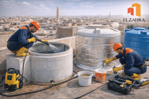 شركة عزل وتنظيف خزانات بحي الملك فهد أثناء تنظيف وعزل خزانات المياه على الأسطح باستخدام معدات حديثة ومواد آمنة