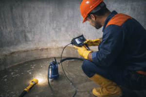 شركة عزل وتنظيف خزانات بحي الملك فهد عامل داخل خزان مياه أثناء فحص وتنظيف الخزان باستخدام أجهزة حديثة لضمان سلامة المياه وجودتها