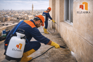 شركة مكافحة حشرات بحي الملك فهد أثناء رش المبيدات الآمنة لمكافحة الحشرات حول المباني باستخدام معدات حديثة