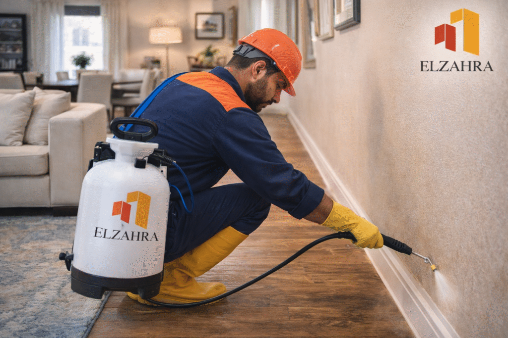 شركة مكافحة حشرات بحي الملك فهد أثناء رش المبيدات الآمنة لمكافحة الحشرات حول المباني باستخدام معدات حديثة