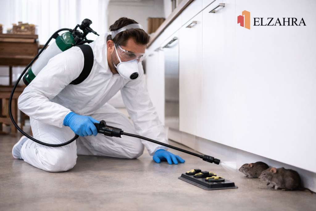شركة مكافحة حشرات بحي الجامعة – نجران يقوم عامل مختص بمكافحة الفئران والقوارض باستخدام معدات رش حديثة مع ظهور شعار ELZAHRA أعلى يمين الصورة