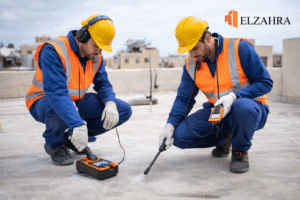 شركة كشف تسربات المياه بحي الجامعة – نجران يقوم فنيون متخصصون بالكشف عن تسربات المياه على سطح المبنى باستخدام أجهزة إلكترونية حديثة مع ظهور شعار ELZAHRA أعلى يمين الصورة