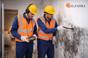 شركة كشف تسربات المياه بحي الجامعة – نجران يقوم فنيون متخصصون بالكشف عن تسربات المياه داخل جدران المنزل باستخدام أجهزة حديثة دون تكسير مع ظهور شعار ELZAHRA أعلى يمين الصورة