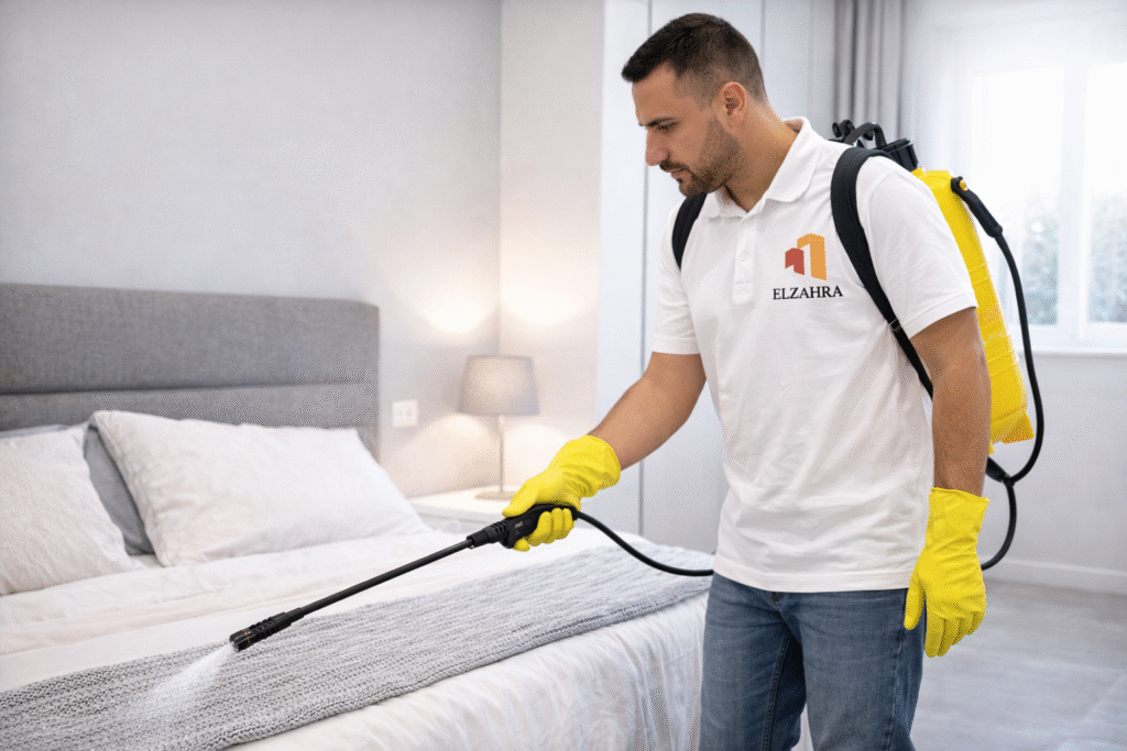شركة مكافحة حشرات بدحضة – نجران عامل مختص يقوم برش الحشرات داخل غرفة النوم باستخدام معدات حديثة مع ظهور شعار الزهراء على الزي والصورة