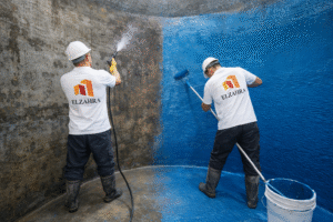شركة عزل وتنظيف خزانات بدحضة – نجران عمال متخصصون يقومون بتنظيف الخزان الخرساني من الداخل وتطبيق مادة عزل زرقاء مع ظهور شعار الزهراء على الزي والصورة