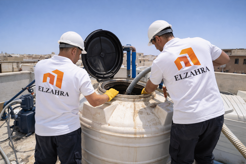 شركة عزل وتنظيف خزانات بدحضة – نجران عمال متخصصون يقومون بتنظيف الخزان العلوي على السطح باستخدام معدات حديثة مع ظهور شعار الزهراء على الزي والصورة