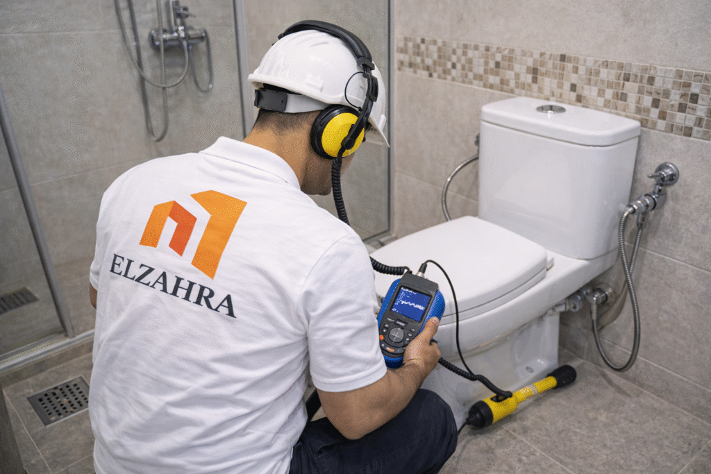 شركة كشف تسربات المياه بدحضة – نجران فني مختص يفحص تسربات المياه داخل الحمام باستخدام أجهزة كشف حديثة مع ظهور شعار الزهراء الرسمي على الزي والصورة