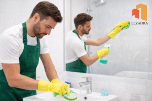 شركة تنظيف بحي الغويلا – نجران عمال رجال يقومون بتنظيف الحمام وتعقيمه باحتراف مع ظهور لوجو الزهراء أعلى يمين الصورة