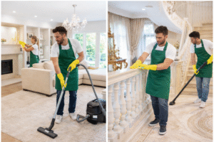 شركة تنظيف بحي الغويلا – نجران عمال يقومون بتنظيف فيلا من الداخل باستخدام معدات حديثة مع الاهتمام بالتفاصيل