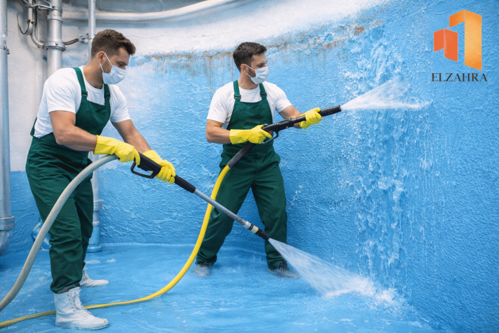 شركة عزل وتنظيف الخزانات بحي الغويلا – نجران عاملان يقومان بتنظيف الخزان باستخدام معدات متخصصة وخراطيم المياه مع ظهور لوجو الزهراء أعلى يمين الصورة