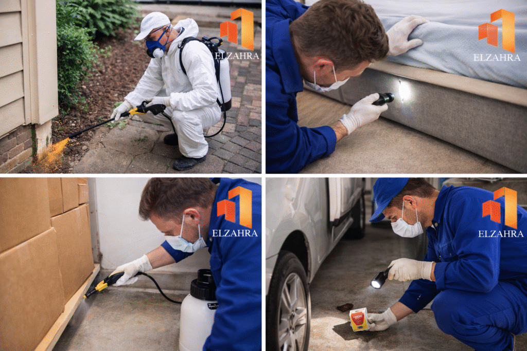 شركة مكافحة حشرات بحي الغويلا – نجران فريق متخصص ينفذ أعمال فحص ورش ومكافحة الحشرات داخل وخارج المنازل باستخدام معدات حديثة مع ظهور لوجو الزهراء على الصورة