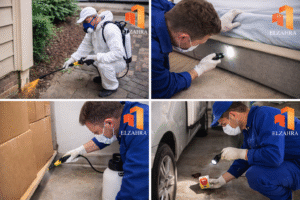 شركة مكافحة حشرات بحي الغويلا – نجران فريق متخصص ينفذ أعمال فحص ورش ومكافحة الحشرات داخل وخارج المنازل باستخدام معدات حديثة مع ظهور لوجو الزهراء على الصورة