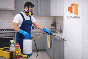 شركة مكافحة حشرات بحي العرايسة أثناء رش المبيدات داخل المطبخ باستخدام معدات حديثة وبطريقة احترافية للقضاء على الحشرات