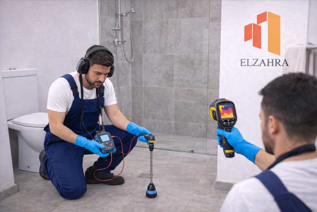 شركة كشف تسربات المياه بحي العرايسة أثناء فحص الحمام بأجهزة حديثة للكشف عن التسربات المخفية داخل الجدران والأرضيات بدون تكسير