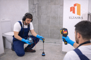 شركة كشف تسربات المياه بحي العرايسة أثناء فحص الحمام بأجهزة حديثة للكشف عن التسربات المخفية داخل الجدران والأرضيات بدون تكسير