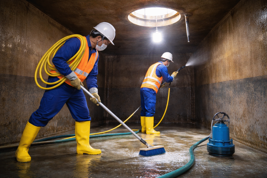 شركة عزل وتنظيف خزانات بحي الخالدية – نجران يقوم عمال متخصصون بتنظيف خزان مياه أرضي من الداخل باستخدام معدات احترافية ووسائل أمان كاملة