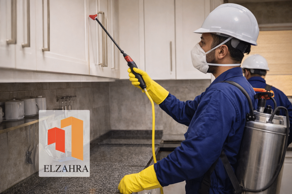 شركة مكافحة حشرات بحي الخالدية – نجران يقوم فني متخصص برش المبيدات داخل المطبخ باستخدام معدات حديثة مع الالتزام بإجراءات السلامة وظهور لوجو الزهراء