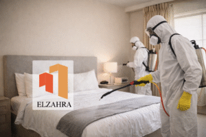 شركة مكافحة حشرات بحي الخالدية – نجران يقوم فريق متخصص بمكافحة الحشرات داخل غرف النوم باستخدام معدات حديثة ومواد آمنة مع ظهور لوجو الزهراء