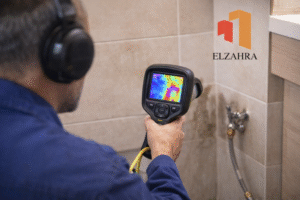 شركة كشف تسربات المياه بحي الخالدية – نجران يستخدم فني متخصص جهاز كشف حراري لتحديد موقع تسرب المياه داخل الجدران بدقة وبدون تكسير مع ظهور لوجو الزهراء