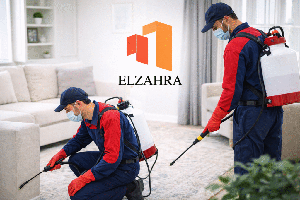 شركة مكافحة حشرات بحي الشرفة – نجران صورة توضح فريق عمل متخصص ينفذ أعمال مكافحة الحشرات داخل المنزل باستخدام معدات رش حديثة مع ظهور شعار الزهراء بشكل واضح
