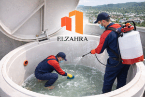 شركة تنظيف وعزل خزانات بحي الشرفة – نجران صورة توضح عمال يقومون بتنظيف خزان مياه علوي من الداخل باستخدام أدوات مخصصة للتنظيف والتعقيم مع ظهور شعار الزهراء بشكل احترافي