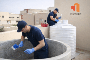 شركة عزل وتنظيف خزانات بحي الفيصلية – نجران أثناء تنظيف الخزانات الأرضية وتنفيذ أعمال العزل باحترافية