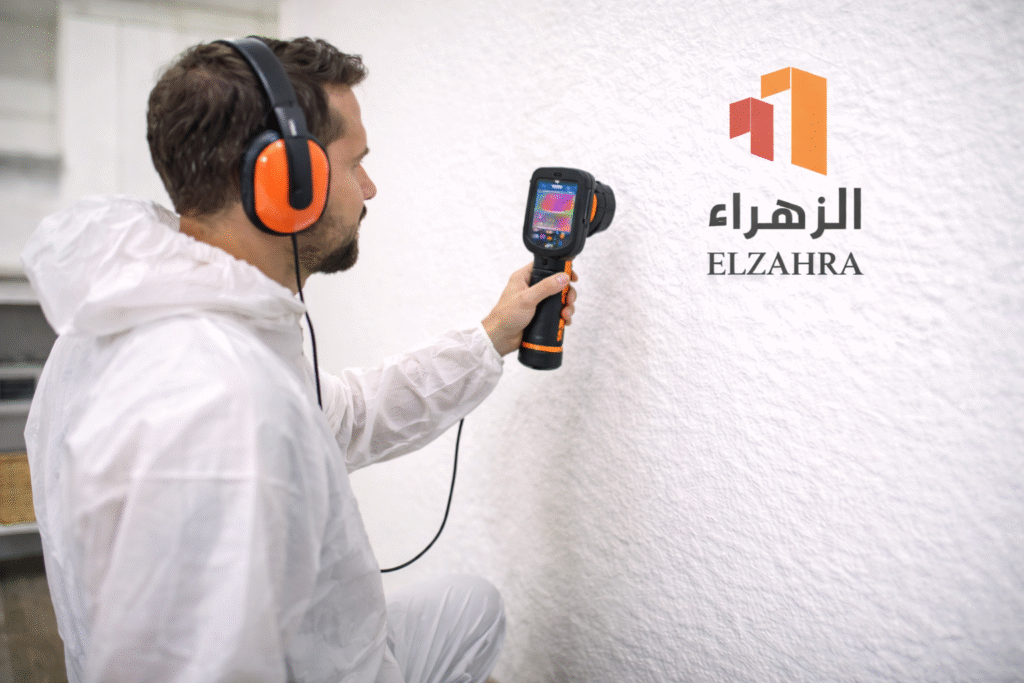 شركة كشف تسربات المياه بحي الفيصلية – نجران فني يقوم بفحص الحائط باستخدام جهاز كشف حديث