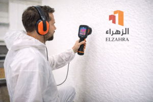 شركة كشف تسربات المياه بحي الفيصلية – نجران فني يقوم بفحص الحائط باستخدام جهاز كشف حديث