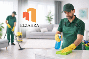 شركة تنظيف بحي الشرفة – نجران صورة معبّرة لأعمال تنظيف احترافية داخل منزل باستخدام معدات حديثة مع ظهور شعار الزهراء بدون أي كتابات على الصورة