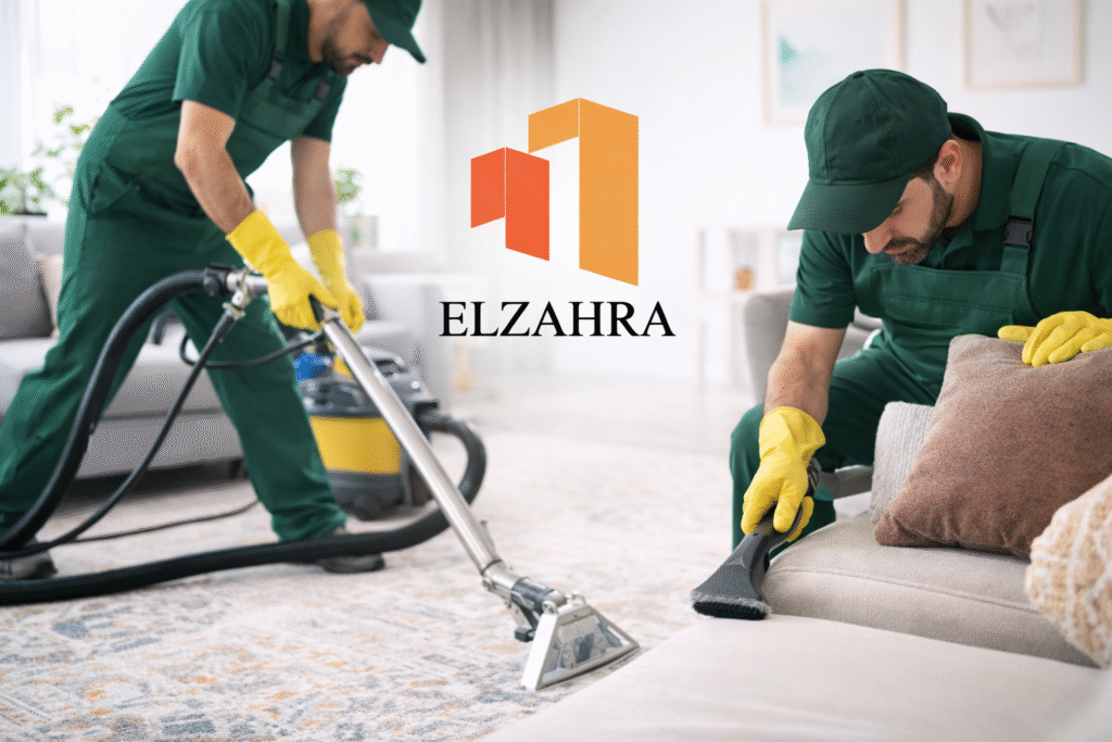 شركة تنظيف بحي الشرفة – نجران صورة توضح عمال متخصصين في تنظيف السجاد والمجالس باستخدام معدات حديثة مع ظهور شعار الزهراء بشكل احترافي
