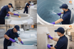 شركة عزل وتنظيف خزانات بحي الضباط – نجران أثناء تنظيف الخزانات العلوية باستخدام معدات حديثة