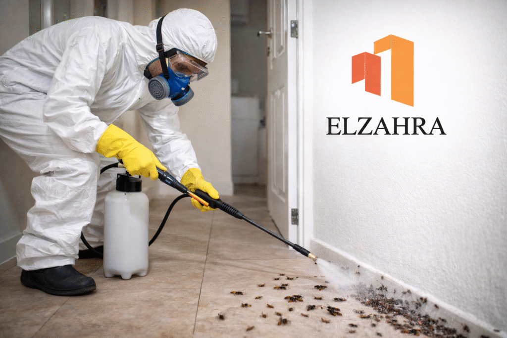 شركة مكافحة حشرات بحي الضباط – نجران أثناء تنفيذ أعمال رش ومكافحة الحشرات داخل المنازل باستخدام معدات حديثة