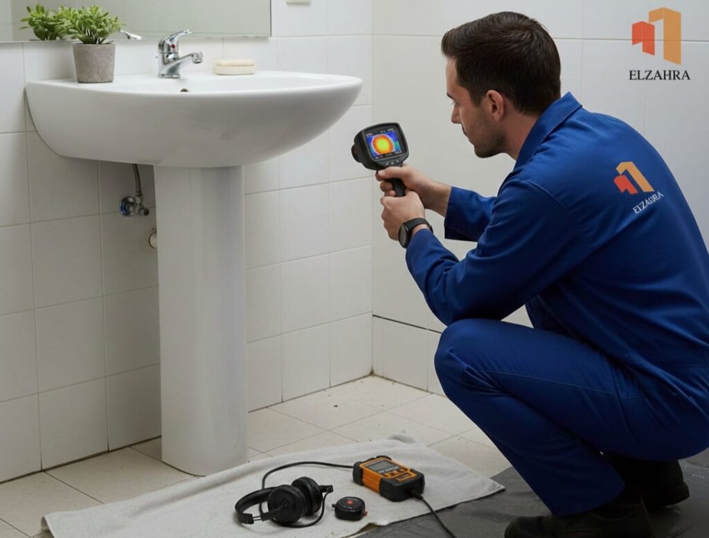 شركة كشف تسربات بنجران – فني متخصص يستخدم كاميرا حرارية وأجهزة كشف حديثة لتحديد مكان التسرب أسفل حوض الحمام داخل دورة مياه.