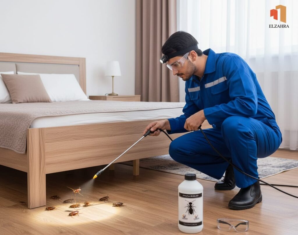 شركة مكافحة حشرات بنجران تقوم برش مبيد حشري تحت سرير خشبي في غرفة نوم مرتبة، لاستهداف مجموعة من الصراصير المنتشرة على الأرض،