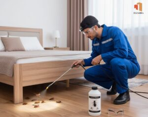 شركة مكافحة حشرات بنجران تقوم برش مبيد حشري تحت سرير خشبي في غرفة نوم مرتبة، لاستهداف مجموعة من الصراصير المنتشرة على الأرض،