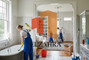 شركة تنظيف بحي النهضة تقدم خدمات شاملة لتنظيف المنازل، يظهر في الصورة فريق عمل يرتدي زيًا موحدًا ويقوم بتنظيف مختلف أرجاء المنزل باستخدام معدات متخصصة، مما يعكس الجودة والتنظيم والاهتمام بالتفاصيل.