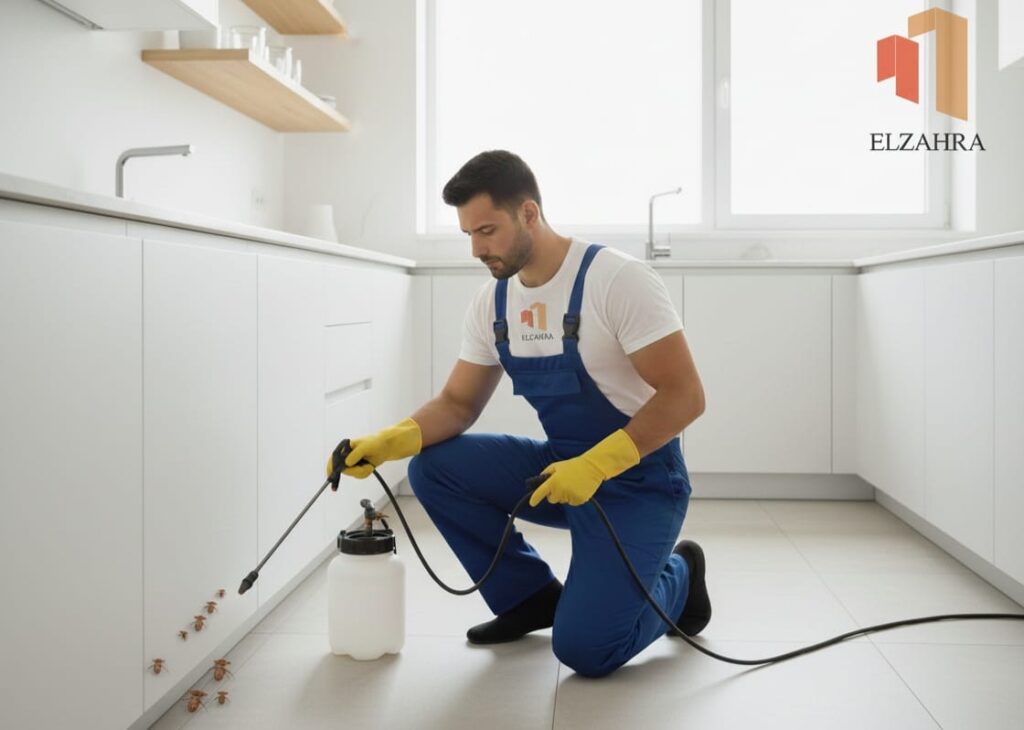 شركة مكافحة حشرات بحي النهضة تقدم خدمات رش وتعقيم احترافية داخل المنازل، يظهر في الصورة فني مختص يستخدم معدات متقدمة لمكافحة الصراصير في مطبخ عصري، مما يعكس الحرص على النظافة والسلامة الصحية