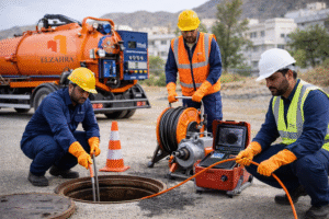 شركة تسليك مجاري بيدمة طاقم فني أثناء تنفيذ أعمال تسليك مجاري بيدمة بمعدات احترافية في موقع العمل