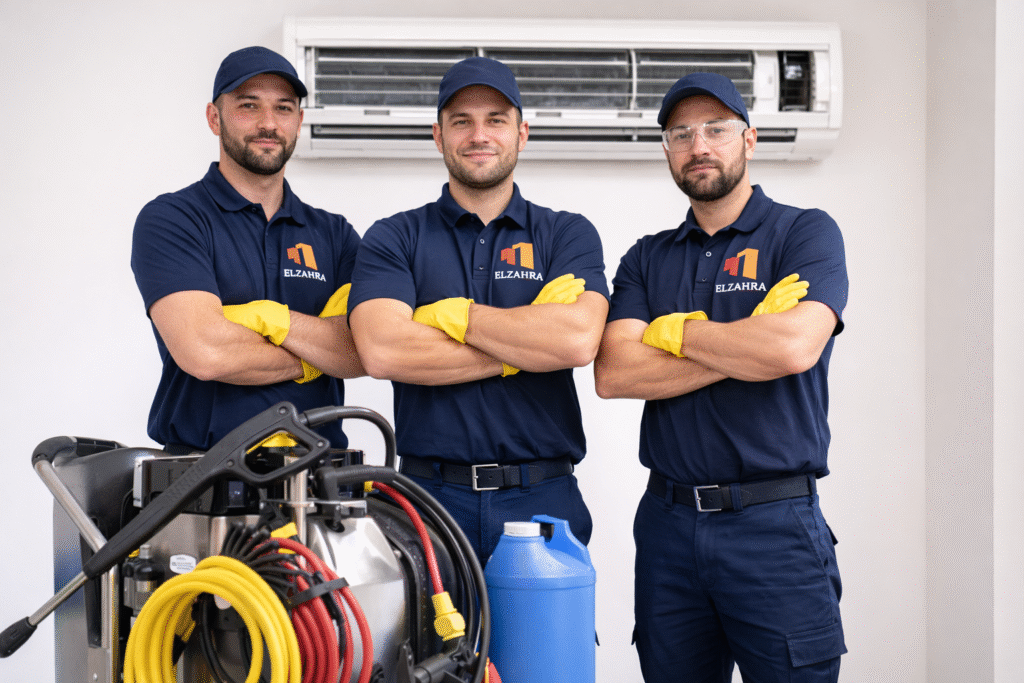 غسيل مكيفات بنجران – فريق عمل متخصص يرتدي ملابس تحمل شعار شركة الزهراء ويقف أمام مكيف مع معدات غسيل حديثة