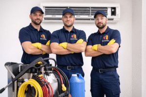 غسيل مكيفات بنجران – فريق عمل متخصص يرتدي ملابس تحمل شعار شركة الزهراء ويقف أمام مكيف مع معدات غسيل حديثة