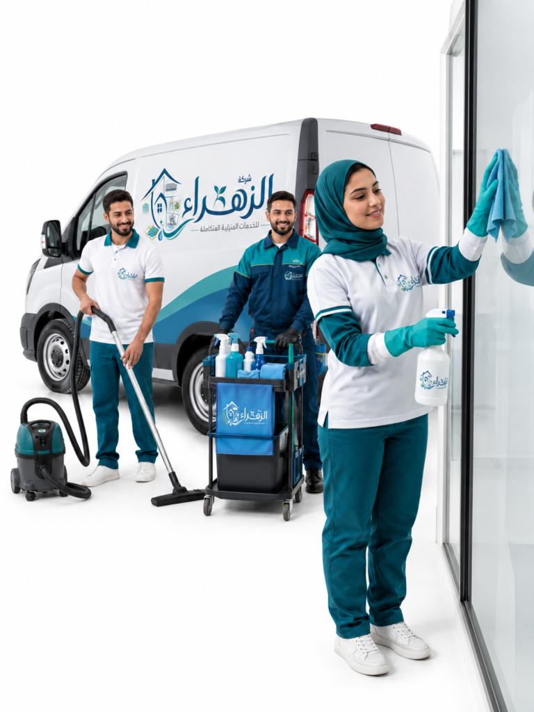 فريق شركة الزهراء أثناء تنفيذ خدمات التنظيف المنزلية باحترافية